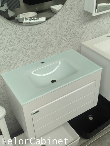 کابینت روشویی پی وی سی مدل 1063 با صفحه روشویی تمام شیشه و درب داشبوردی سفید