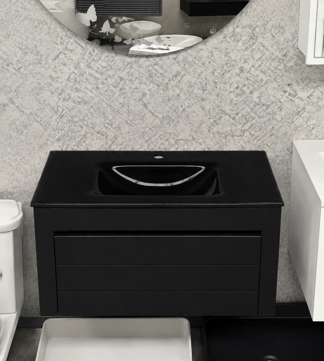 کابینت روشویی مشکی مات مدل 1043 با صفحه شیشه‌ای توکار