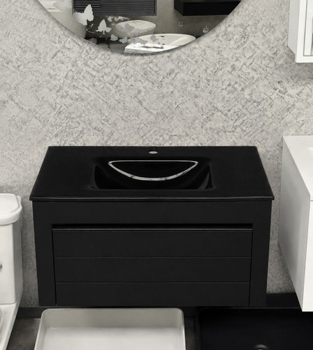 کابینت روشویی مشکی مات مدل 1043 با صفحه شیشهای توکار