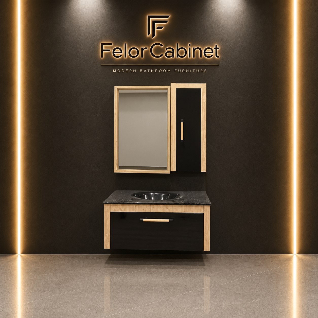کابینت روشویی PVC مدل 1039 با روشویی شیشه‌ای توکار